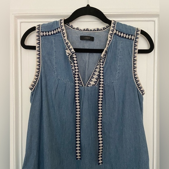 J. Crew 100% Cotton Denim Sleeveless Shift Dress w/ Embroidered Trim Small - Picture 2 of 9